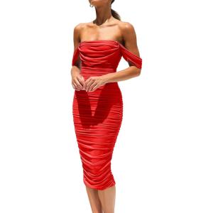 PRETTYGARDEN Summer Off The Shoulder Ruched Bodycon Dresses Sleeveless Sexy Party Club Midi Dress(Red)