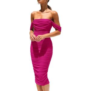 PRETTYGARDEN Summer Off The Shoulder Ruched Bodycon Dresses Sleeveless Sexy Party Club Midi Dress(Rose Red)