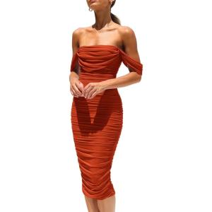 PRETTYGARDEN Summer Off The Shoulder Ruched Bodycon Dresses Sleeveless Sexy Party Club Midi Dress(Rust Red)