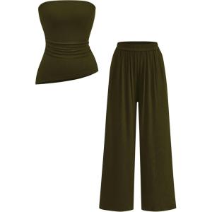 PRETTYGARDEN Summer Sets Women 2 Piece Outfits Asymmetrical Tube Tops and Pants Beach Vacation Airport Matching Lounge Set(Army Green)