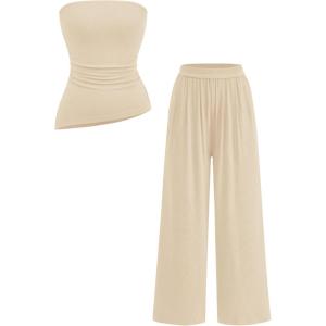 PRETTYGARDEN Summer Sets Women 2 Piece Outfits Asymmetrical Tube Tops and Pants Beach Vacation Airport Matching Lounge Set(Beige)