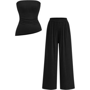 PRETTYGARDEN Summer Sets Women 2 Piece Outfits Asymmetrical Tube Tops and Pants Beach Vacation Airport Matching Lounge Set(Black)