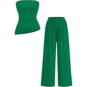 PRETTYGARDEN Summer Sets Women 2 Piece Outfits Asymmetrical Tube Tops and Pants Beach Vacation Airport Matching Lounge Set(Green)