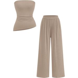 PRETTYGARDEN Summer Sets Women 2 Piece Outfits Asymmetrical Tube Tops and Pants Beach Vacation Airport Matching Lounge Set(Khaki)