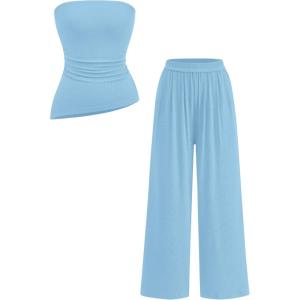 PRETTYGARDEN Summer Sets Women 2 Piece Outfits Asymmetrical Tube Tops and Pants Beach Vacation Airport Matching Lounge Set(Light Blue)