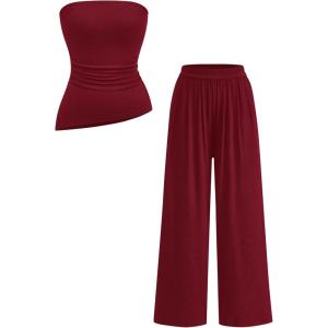 PRETTYGARDEN Summer Sets Women 2 Piece Outfits Asymmetrical Tube Tops and Pants Beach Vacation Airport Matching Lounge Set(Wine Red)