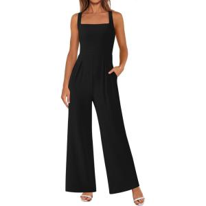 PRETTYGARDEN Summer Sleeveless Jumpsuits for Women Dressy Square Neck Wide Leg Pants Knit One Piece Rompers Fashion Clothing(Black)
