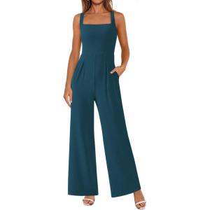 PRETTYGARDEN Summer Sleeveless Jumpsuits for Women Dressy Square Neck Wide Leg Pants Knit One Piece Rompers Fashion Clothing(Dark Blue)