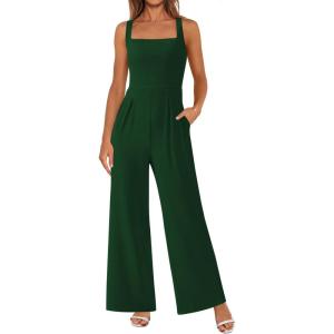 PRETTYGARDEN Summer Sleeveless Jumpsuits for Women Dressy Square Neck Wide Leg Pants Knit One Piece Rompers Fashion Clothing(Green)