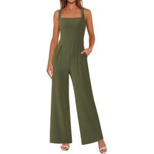 PRETTYGARDEN Summer Sleeveless Jumpsuits for Women Dressy Square Neck Wide Leg Pants Knit One Piece Rompers Fashion Clothing(Light Army Green)
