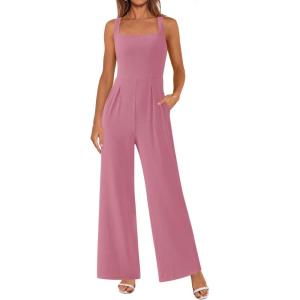 PRETTYGARDEN Summer Sleeveless Jumpsuits for Women Dressy Square Neck Wide Leg Pants Knit One Piece Rompers Fashion Clothing(Pink)