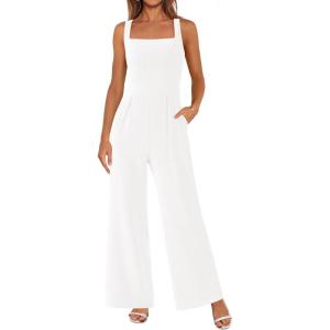 PRETTYGARDEN Summer Sleeveless Jumpsuits for Women Dressy Square Neck Wide Leg Pants Knit One Piece Rompers Fashion Clothing(White)