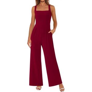 PRETTYGARDEN Summer Sleeveless Jumpsuits for Women Dressy Square Neck Wide Leg Pants Knit One Piece Rompers Fashion Clothing(Wine Red)