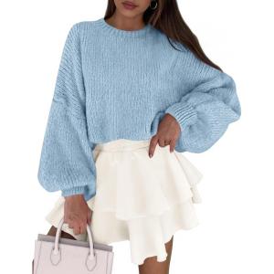 PRETTYGARDEN Sweaters for Women 2026 Fall Chunky Knit Long Sleeve Crew Neck Oversized Pullover Tops Winter Fashion Clothing(Light Blue)