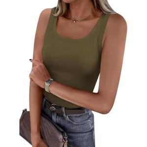 PRETTYGARDEN Tank Tops for Women 2026 Summer Sleeveless Scoop Neck Ribbed Tops Cute Spring Casual Fitted Basic Cami Shirts(Army Green)