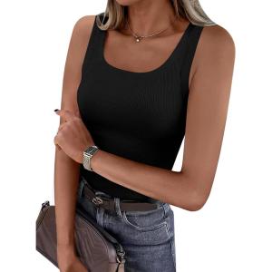 PRETTYGARDEN Tank Tops for Women 2026 Summer Sleeveless Scoop Neck Ribbed Tops Cute Spring Casual Fitted Basic Cami Shirts(Black)