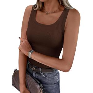 PRETTYGARDEN Tank Tops for Women 2026 Summer Sleeveless Scoop Neck Ribbed Tops Cute Spring Casual Fitted Basic Cami Shirts(Brown)