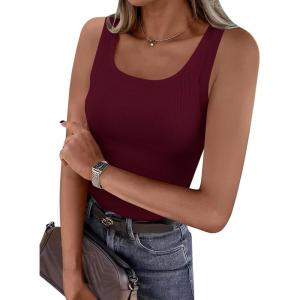 PRETTYGARDEN Tank Tops for Women 2026 Summer Sleeveless Scoop Neck Ribbed Tops Cute Spring Casual Fitted Basic Cami Shirts(Burgundy)