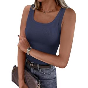 PRETTYGARDEN Tank Tops for Women 2026 Summer Sleeveless Scoop Neck Ribbed Tops Cute Spring Casual Fitted Basic Cami Shirts(Dark Blue)
