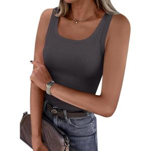 PRETTYGARDEN Tank Tops for Women 2026 Summer Sleeveless Scoop Neck Ribbed Tops Cute Spring Casual Fitted Basic Cami Shirts(Dark Grey)
