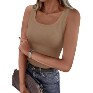 PRETTYGARDEN Tank Tops for Women 2026 Summer Sleeveless Scoop Neck Ribbed Tops Cute Spring Casual Fitted Basic Cami Shirts(Light Khaki)