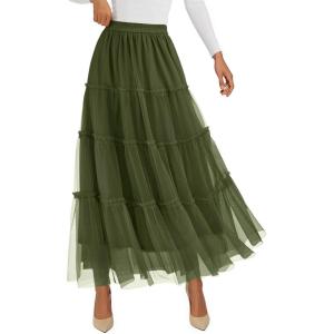 PRETTYGARDEN Tulle Skirts for Women 2026 Spring Fashion Elastic High Waisted Tiered Flowy Fairy A-Line Casual Maxi Long Skirt(Army Green)
