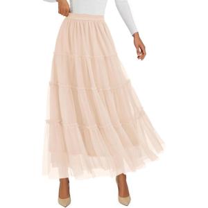 PRETTYGARDEN Tulle Skirts for Women 2026 Spring Fashion Elastic High Waisted Tiered Flowy Fairy A-Line Casual Maxi Long Skirt(Beige)