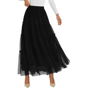 PRETTYGARDEN Tulle Skirts for Women 2026 Spring Fashion Elastic High Waisted Tiered Flowy Fairy A-Line Casual Maxi Long Skirt(Black)