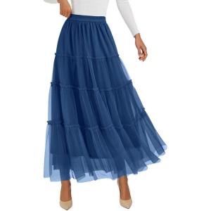 PRETTYGARDEN Tulle Skirts for Women 2026 Spring Fashion Elastic High Waisted Tiered Flowy Fairy A-Line Casual Maxi Long Skirt(Blue)