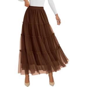 PRETTYGARDEN Tulle Skirts for Women 2026 Spring Fashion Elastic High Waisted Tiered Flowy Fairy A-Line Casual Maxi Long Skirt(Brown)