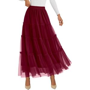 PRETTYGARDEN Tulle Skirts for Women 2026 Spring Fashion Elastic High Waisted Tiered Flowy Fairy A-Line Casual Maxi Long Skirt(Burgundy)