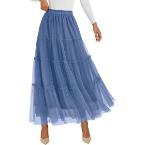 PRETTYGARDEN Tulle Skirts for Women 2026 Spring Fashion Elastic High Waisted Tiered Flowy Fairy A-Line Casual Maxi Long Skirt(Grey Blue)