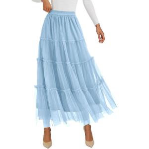PRETTYGARDEN Tulle Skirts for Women 2026 Spring Fashion Elastic High Waisted Tiered Flowy Fairy A-Line Casual Maxi Long Skirt(Light Blue)