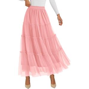 PRETTYGARDEN Tulle Skirts for Women 2026 Spring Fashion Elastic High Waisted Tiered Flowy Fairy A-Line Casual Maxi Long Skirt(Light Pink)