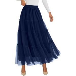 PRETTYGARDEN Tulle Skirts for Women 2026 Spring Fashion Elastic High Waisted Tiered Flowy Fairy A-Line Casual Maxi Long Skirt(Navy Blue)