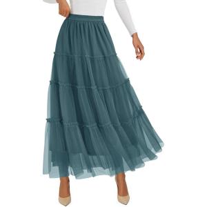 PRETTYGARDEN Tulle Skirts for Women 2026 Spring Fashion Elastic High Waisted Tiered Flowy Fairy A-Line Casual Maxi Long Skirt(Sage Green)