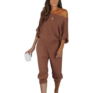 PRETTYGARDEN Two Piece Sets for Women 2025 Casual Ribbed Knit Off Shoulder Tops Lounge Pants Fall Tracksuits Winter Clothes(Coffee)