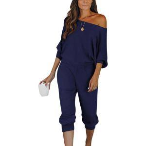 PRETTYGARDEN Two Piece Sets for Women 2025 Casual Ribbed Knit Off Shoulder Tops Lounge Pants Fall Tracksuits Winter Clothes(Dark Sea Blue)