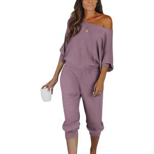 PRETTYGARDEN Two Piece Sets for Women 2025 Casual Ribbed Knit Off Shoulder Tops Lounge Pants Fall Tracksuits Winter Clothes(Deep Purple)