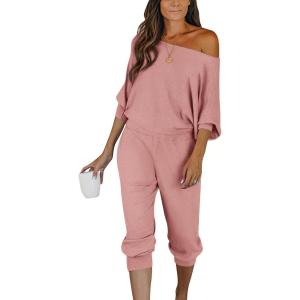 PRETTYGARDEN Two Piece Sets for Women 2025 Casual Ribbed Knit Off Shoulder Tops Lounge Pants Fall Tracksuits Winter Clothes(Dusty Pink)