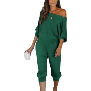 PRETTYGARDEN Two Piece Sets for Women 2025 Casual Ribbed Knit Off Shoulder Tops Lounge Pants Fall Tracksuits Winter Clothes(Green)