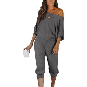 PRETTYGARDEN Two Piece Sets for Women 2025 Casual Ribbed Knit Off Shoulder Tops Lounge Pants Fall Tracksuits Winter Clothes(Grey Blue)