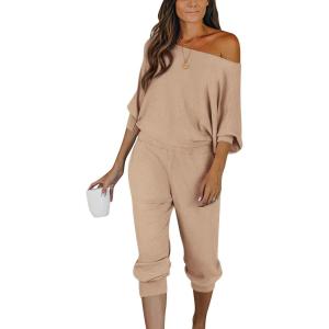 PRETTYGARDEN Two Piece Sets for Women 2025 Casual Ribbed Knit Off Shoulder Tops Lounge Pants Fall Tracksuits Winter Clothes(Khaki)