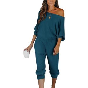 PRETTYGARDEN Two Piece Sets for Women 2025 Casual Ribbed Knit Off Shoulder Tops Lounge Pants Fall Tracksuits Winter Clothes(Lake Blue)