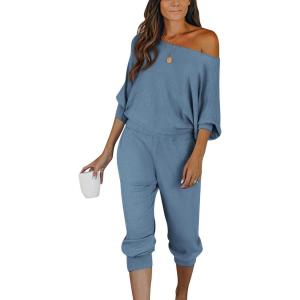 PRETTYGARDEN Two Piece Sets for Women 2025 Casual Ribbed Knit Off Shoulder Tops Lounge Pants Fall Tracksuits Winter Clothes(Light Blue)