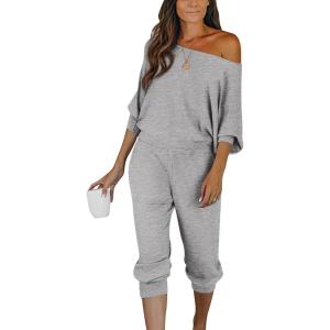 PRETTYGARDEN Two Piece Sets for Women 2025 Casual Ribbed Knit Off Shoulder Tops Lounge Pants Fall Tracksuits Winter Clothes(Light Grey)