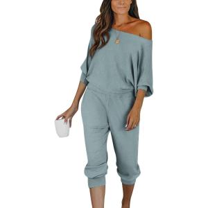 PRETTYGARDEN Two Piece Sets for Women 2025 Casual Ribbed Knit Off Shoulder Tops Lounge Pants Fall Tracksuits Winter Clothes(Light Grey Blue)