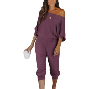 PRETTYGARDEN Two Piece Sets for Women 2025 Casual Ribbed Knit Off Shoulder Tops Lounge Pants Fall Tracksuits Winter Clothes(Purple Red)