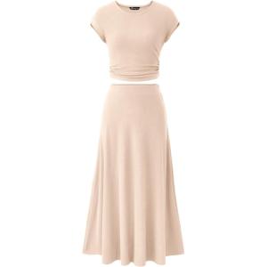 PRETTYGARDEN Two Piece Skirt Set for Women 2026 Summer Spring Dressy Casual Knit Travel Vacation Matching Lounge Outfits(Beige)