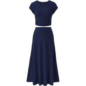 PRETTYGARDEN Two Piece Skirt Set for Women 2026 Summer Spring Dressy Casual Knit Travel Vacation Matching Lounge Outfits(Dark Blue)